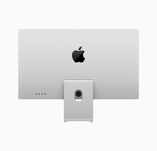 傾きを調整できるスタンドを搭載したApple Studio Displayの背面の外観、カラーはシルバー、中央に光沢のあるブラックのAppleのロゴ