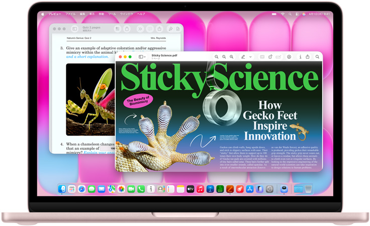 ブラッシュのMacBook Neo。画面に、生物模倣に関する記事と、同様のトピックに関するクイズが表示されている