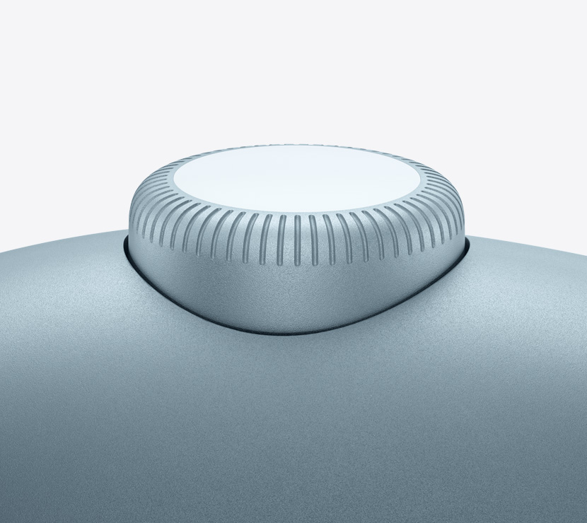 ブルーのAirPods Max 2のヘッドフォン。Digital Crownの細部が見える