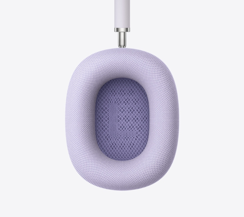 パープルのAirPods Max 2ヘッドフォン。イヤークッションの内側が細部まで見える