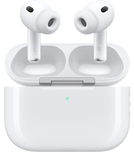 蓋が開いた充電ケースに収められているAirPods Pro 3の前面の外観。カラーはホワイト