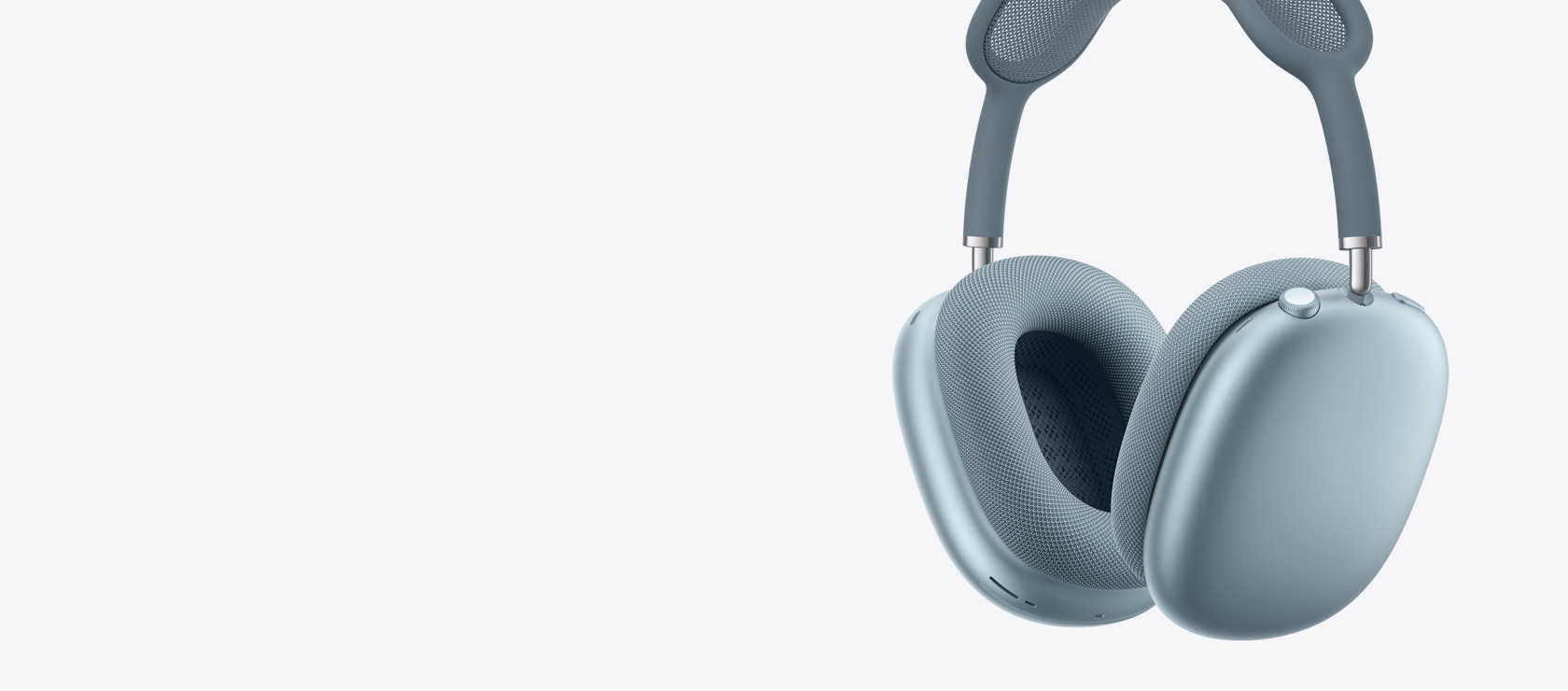 ブルーのAirPods Max 2ヘッドフォン、側面の外観。イヤークッションの内側と外側、Digital Crownが見える