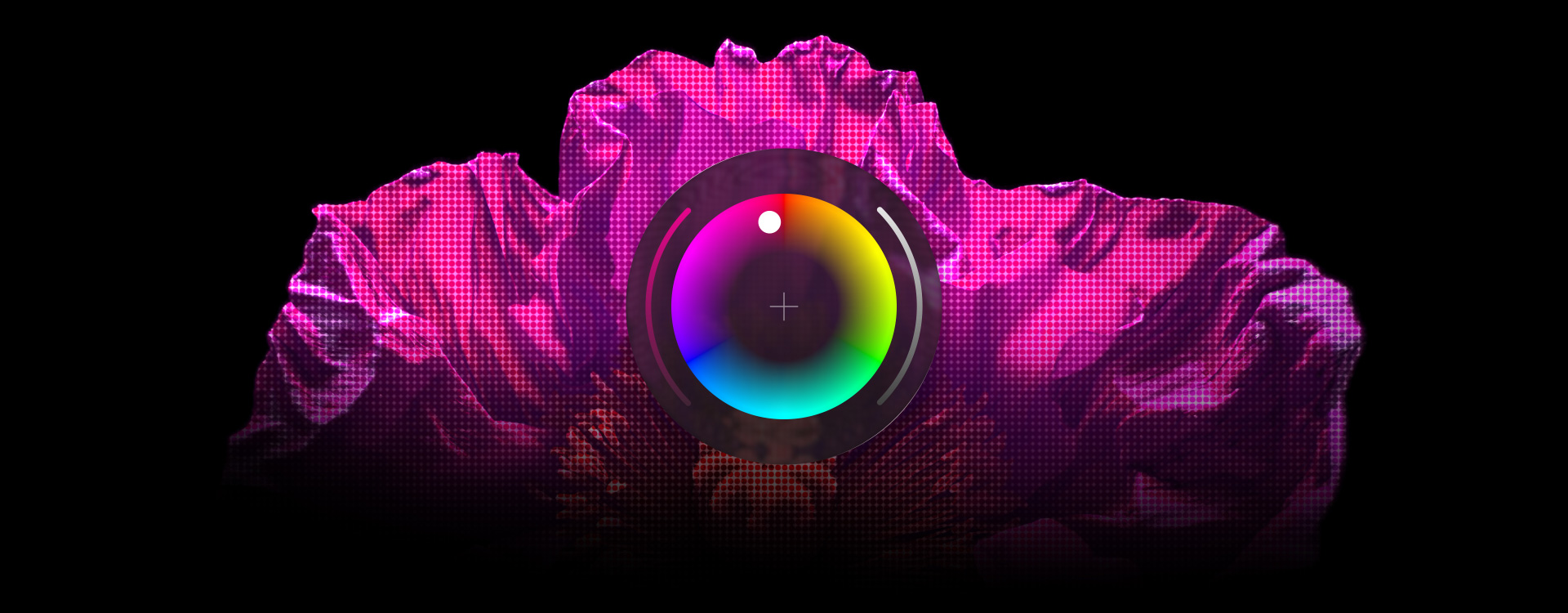 質感を持たせたピンクのオブジェクト。中央にPixelmator Proのカラーピッカーツールが表示されている