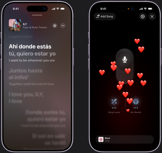 左邊的 iPhone 展示 Apple Music 即唱功能模式，正在播放 Kapo and Myke Towers 的歌曲《ILY》；右邊的 iPhone 展示 Apple Music 即唱功能模式，有心形表情符號從螢幕底部升起，螢幕正中央有咪高風圖示，螢幕底部展示「歌曲人聲」和「咪高風殘響」圖示