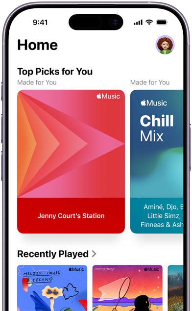iPhone 上的 Apple Music「首頁」分頁畫面，「專屬精選推薦」卡片顯示 Jenny Court 的個人化電台和歌單