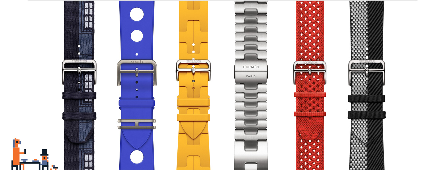 テーブルを囲んでいる人物と馬のピクセルアート。その隣に、様々なスタイルとカラーのApple Watch Hermèsストラップが並んでいる