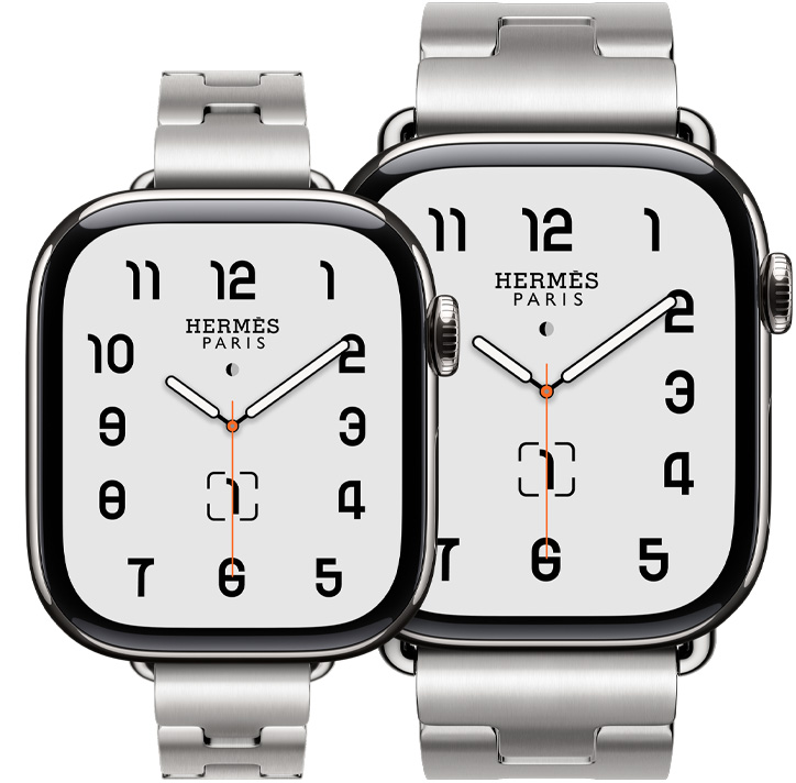 シルバーチタニウムケースのApple Watch Hermès Series 11が2つ並んでいる。グランHファンストラップとグランHストラップ、カラーはサティネ