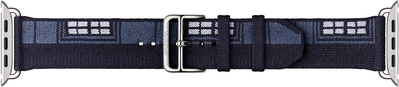 Apple Watch Hermèsのフォーブルパーティストラップ。カラーはブルー・ニュイ、シルバーの金具とバックルが付いている