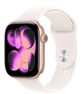 ローズゴールドアルミニウムケースのApple Watch Series 11。レスポンシブアートの文字盤。右側面の外観、Digital Crown、マイク、サイドボタン。ライトブラッシュのスポーツバンド