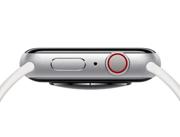シルバーのApple Watch。右側面の外観、サイドボタン、マイクの穴、Digital Crownが見えている