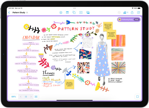 iPadのフリーボードアプリで、「模様の研究」と書かれたボードにいくつかの付せんが貼られている