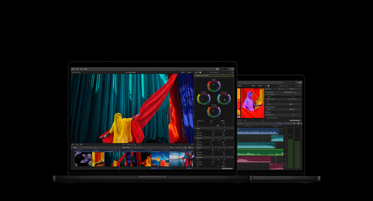 カラーグレーディングツールを表示した16インチMacBook Pro。青い背景に、黄色のサリーを着た女性が赤い生地を持っている様子が映し出されている。オーディオ波形とEQツールを表示した編集画面を映している14インチMacBook Pro