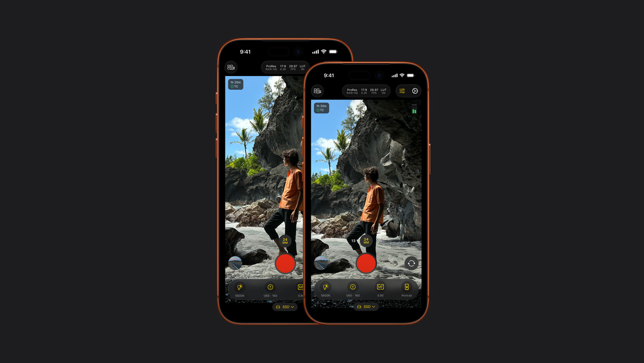 iPhone 17 ProとiPhone 17 Pro Maxの画面に、岩だらけの海岸に立つ男性が表示されている。Final Cut Cameraのデモ