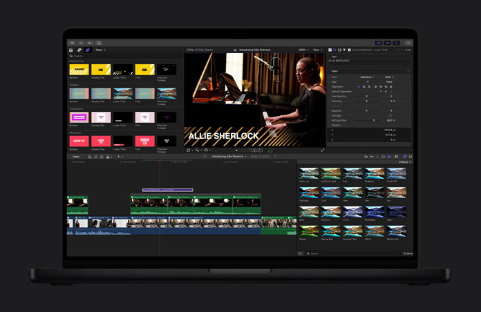 16インチMacBook Pro、ミュージックビデオの編集画面、利用できる様々な種類のタイトルやエフェクトが見える、「Allie Sherlock」と書かれたタイトル