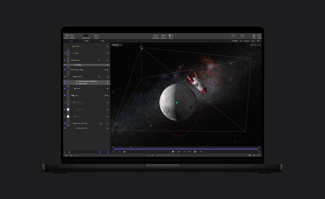 16インチMacBook Pro、月を周回するロケットをモデル化した画像。動きのシミュレーションを示している
