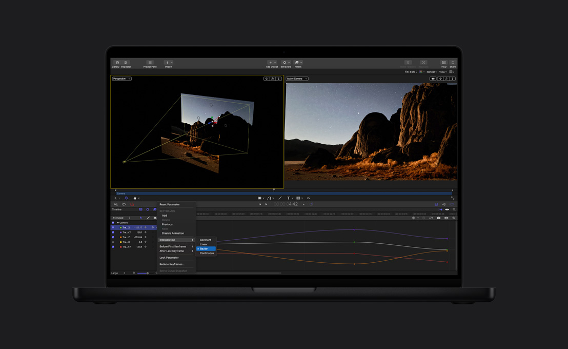 16インチMacBook Pro、山の画像とキーフレーム編集のデモ