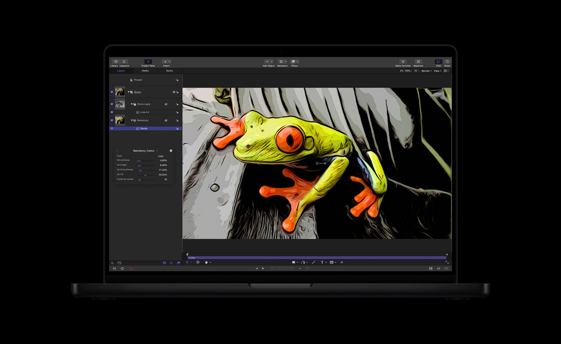 16インチMacBook Pro、グリーンのカエルの写真がイラストに変換されている