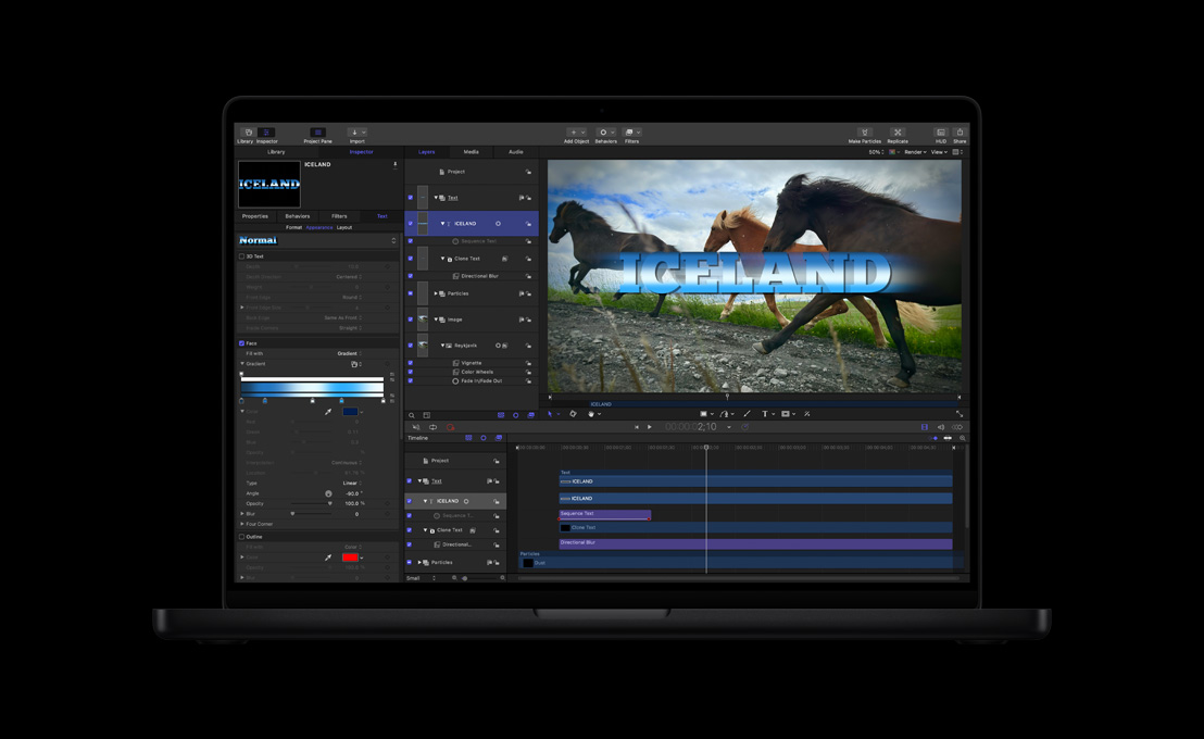 16インチMacBook Pro、疾走する3頭の馬の画像に重なるタイトルには「ICELAND」と書かれている