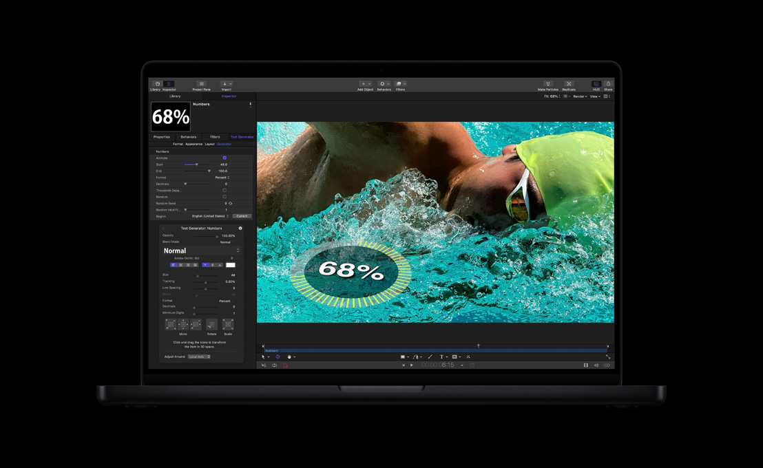 16インチMacBook Pro、プールで泳ぐ人物、2Dと3Dのテキストを生成するデモ
