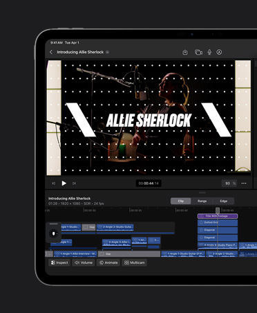 13インチiPad Pro、ミュージックビデオの編集画面、画像にタイトルが重なっている、フォントカラーやレイアウトを選択するツール、「Allie Sherlock」と書かれたタイトル