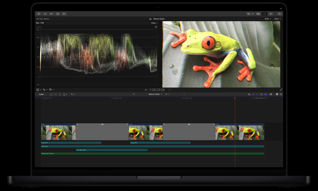 16インチMacBook Pro、Final Cut Proのワークスペース。葉の上にいるあざやかな緑色のカエルの画像