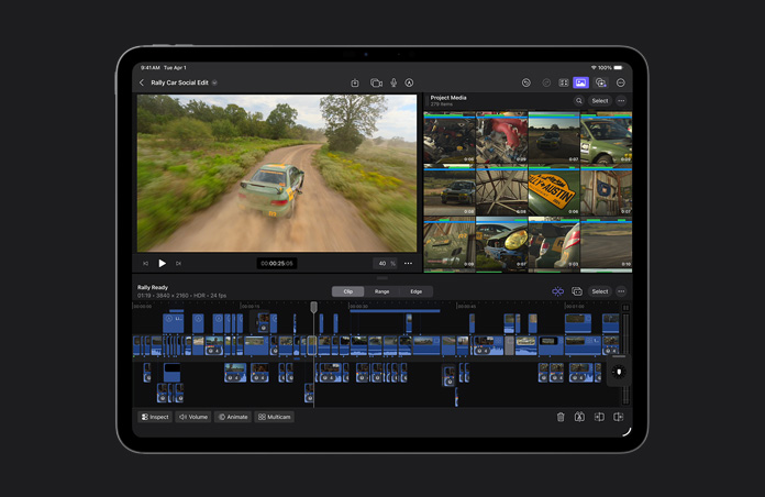 走行中の車のビデオを編集している13インチiPad Proの画面。プロジェクトのタイトルは「Rally Car Social Edit」