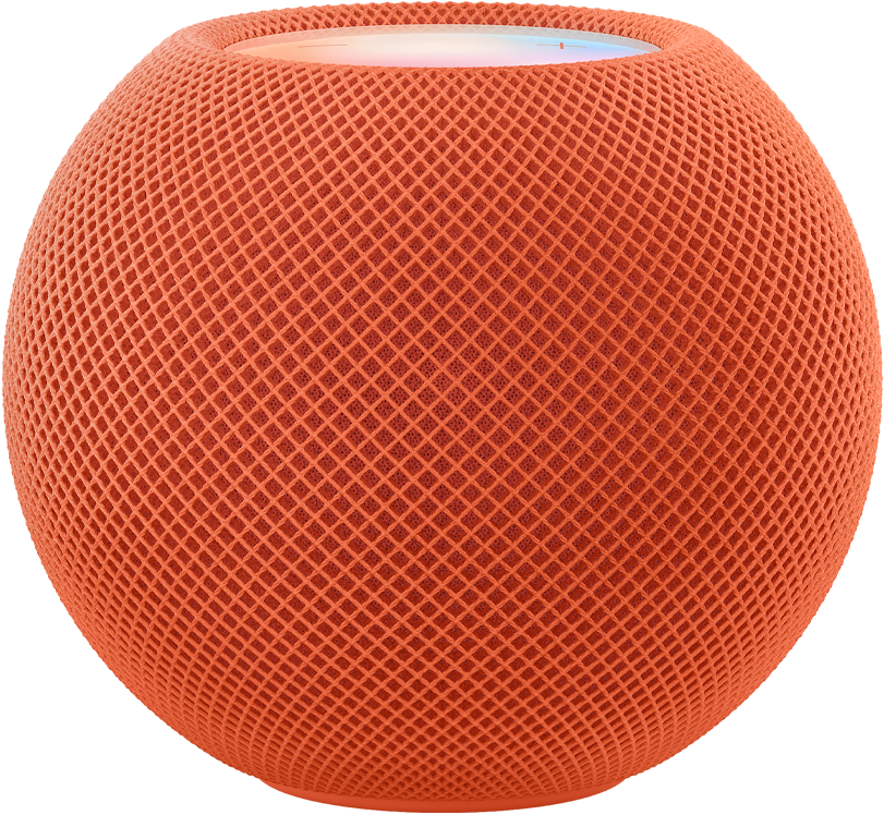 オレンジのHomePod mini。その上にカラフルなピクセルで描かれた「mini」という文字が動いている