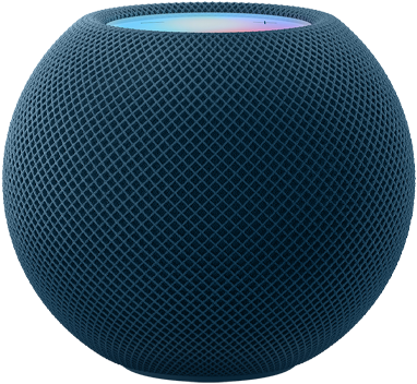 ブルーのHomePod mini。その上にカラフルなピクセルで描かれた「mini」という文字が動いている