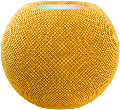 イエローのHomePod mini。その上にカラフルなピクセルで描かれた「mini」という文字が動いている