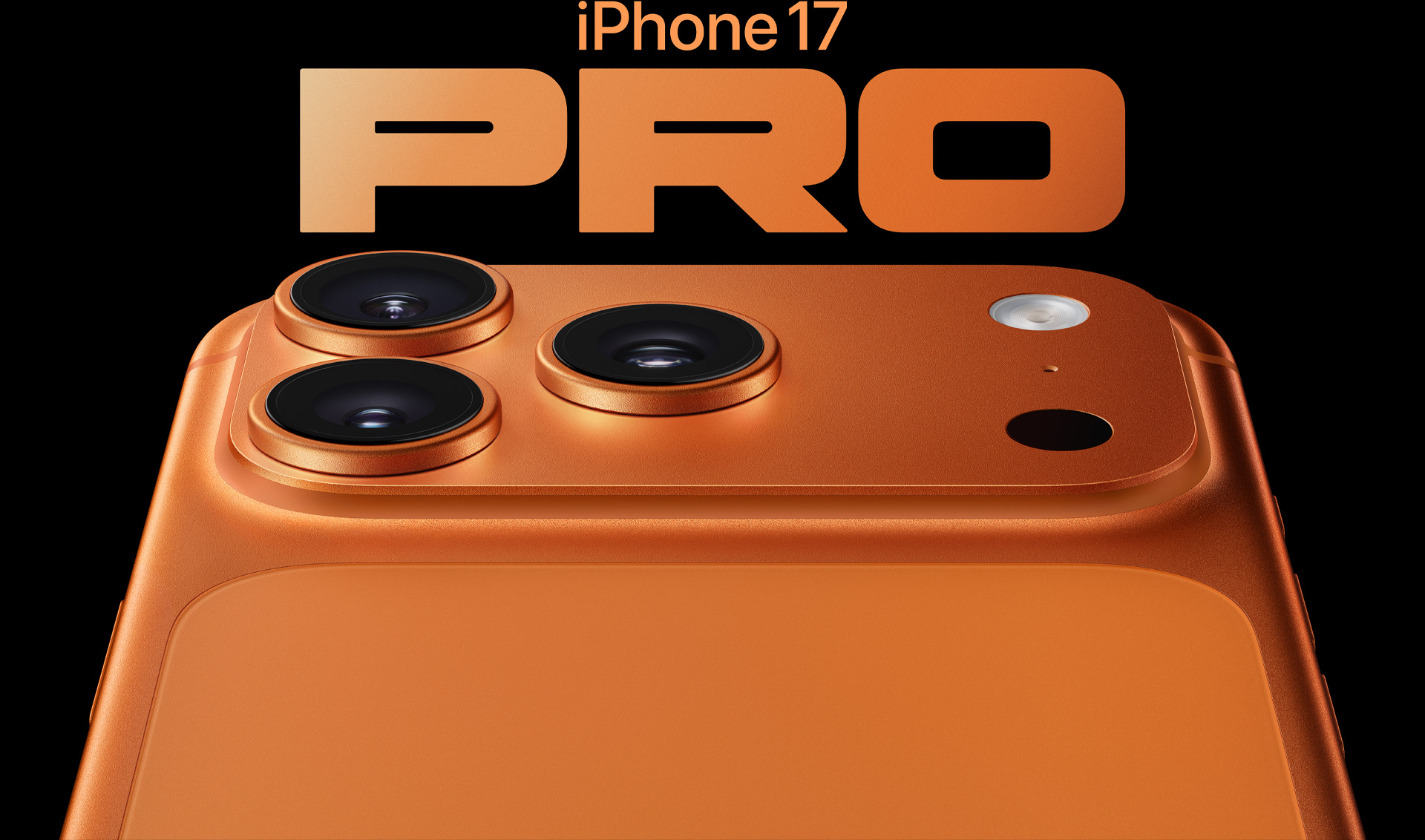 iPhone 17 Pro、コズミックオレンジの仕上げ。背面の一部。左上の隅にProのカメラシステム、3つのレンズ、マイク、フラッシュ