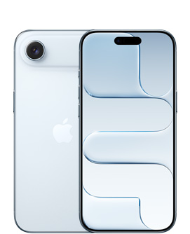 スカイブルーのiPhone Air、背面の外観。上部にFusionカメラシステム、中央にAppleのロゴがある。前面の外観、カラーはスカイブルー、上部の中央にDynamic Islandがある