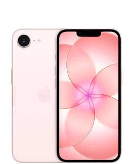 ソフトピンクのiPhone 17eの背面の外観。左上にFusionカメラ、中央にAppleのロゴがある。前面の外観。ソフトピンクのカラー、オールスクリーンのデザイン