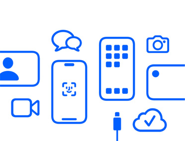 Apple製デバイスと機能、iCloud、Face IDを搭載したiPhoneと充電ケーブル、カメラ、メッセージ、メッセージアプリ
