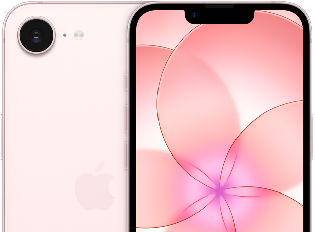 ソフトピンクのiPhone 17eの前面の外観。iPhone 17eの背面の外観の一部分、カメラが見えている