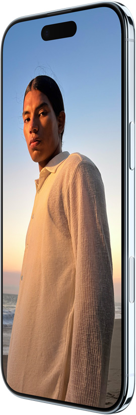 iPhone Air、前面の外観と側面の外観。オールスクリーンのデザイン、上部にDynamic Islandがある。サイドボタン、カメラコントロールボタン