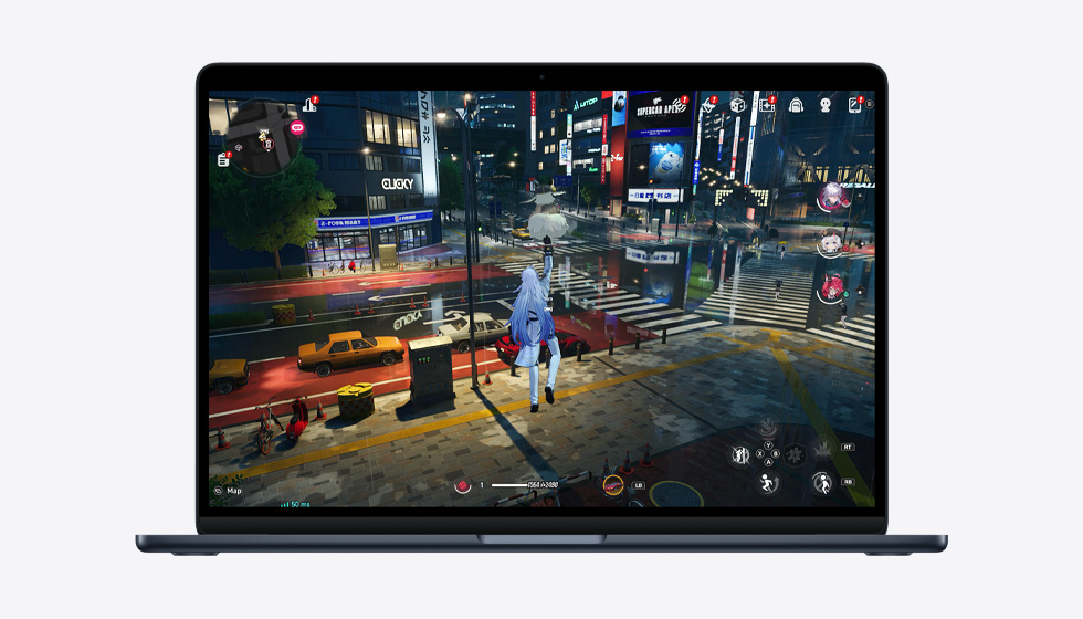 ゲームをプレイする様子を表示したMacBook Airの画面。M5チップの性能を見せている
