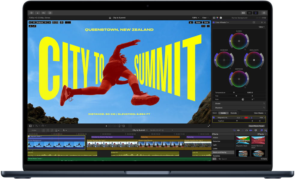 ビデオ編集の様子を表示したMacBook Airの画面。M5チップの性能を見せている
