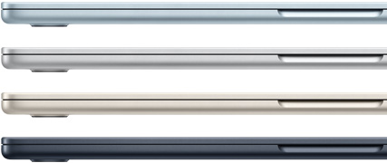 4つのMacBook Airラップトップの側面の外観。4色の異なる仕上げを紹介している