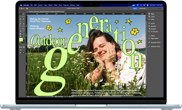 一部 MacBook Air，螢幕顯示 Adobe InDesign 專案
