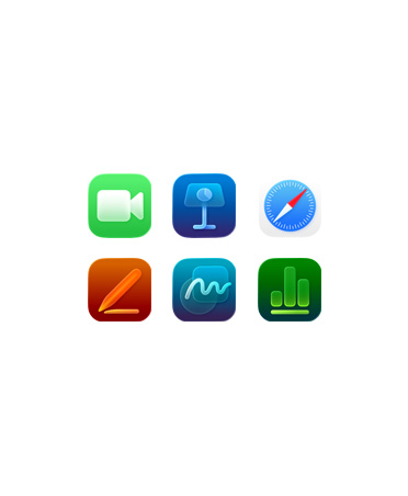 多款 app 圖示的正面圖，包括 FaceTime、Freeform 及 Keynote。
