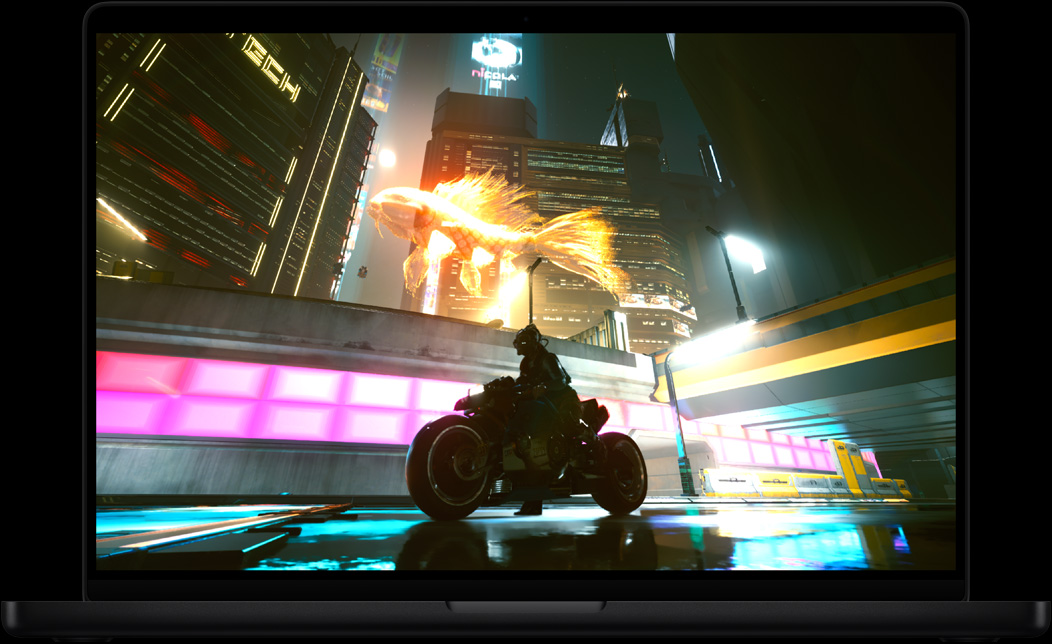 MacBook Proの画面にビデオゲーム「サイバーパンク2077 アルティメットエディション」が表示されている