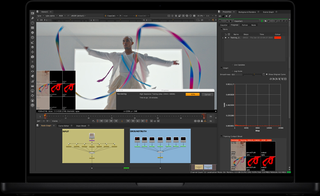 MacBook Proの画面に、NukeXを使ってビデオを合成する様子が表示されている