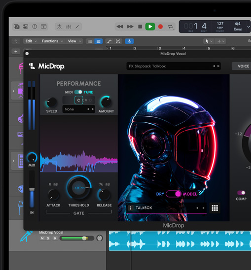 Logic ProのMicDropプラグインを使っている様子を映し出したMacBook Proの画面。録音されたボーカルをAI機能で編集している