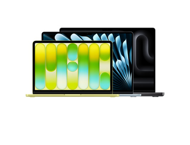 세 개의 MacBook 제품: 덮개가 열린 시트러스 색상 MacBook Neo 13, Liquid Retina 디스플레이, 둥근 형태의 돌출된 발판, 덮개가 열린 스카이 블루 색상 MacBook Air 15, 둥근 형태의 돌출된 발판, 덮개가 열린 스페이스 블랙 색상 MacBook Pro 16.